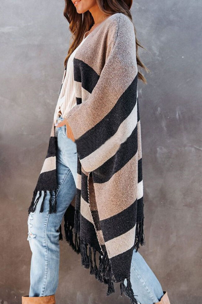 Fashion Street Striped Tassel Split Joint Tops