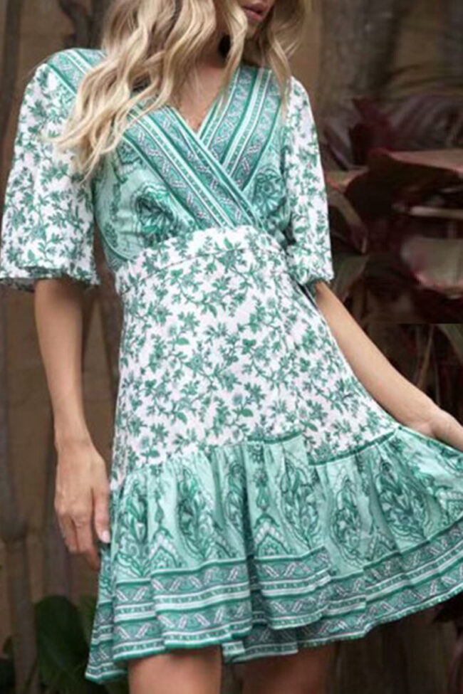 Fashion Street Print Split Joint V Neck A Line Dresses