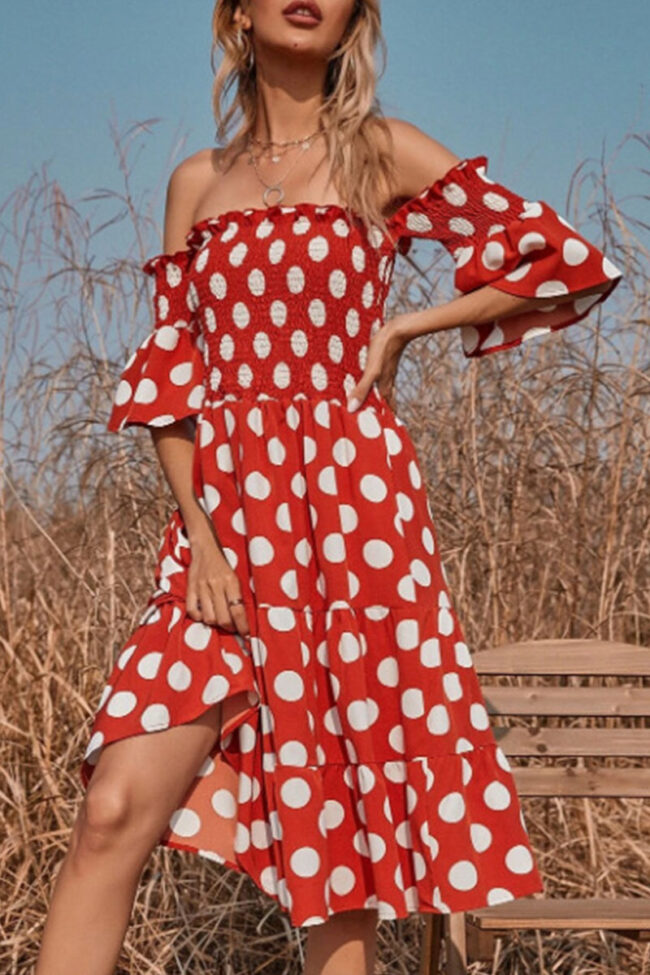 Fashion Sweet Dot Split Joint Off the Shoulder A Line Dresses