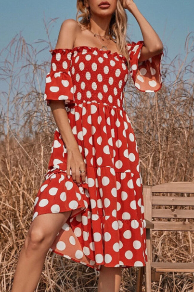 Fashion Sweet Dot Split Joint Off the Shoulder A Line Dresses