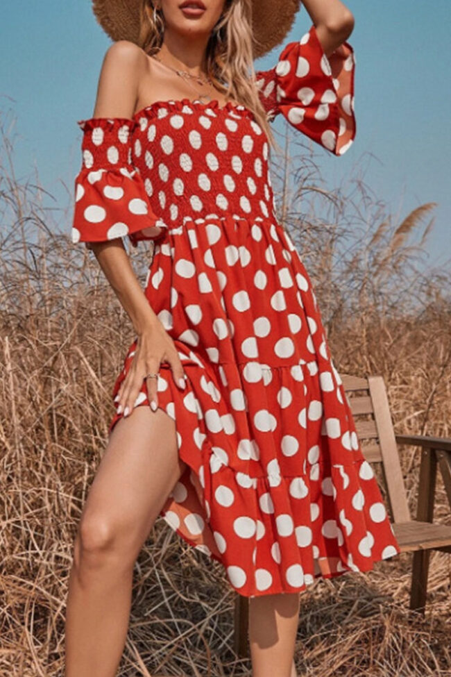 Fashion Sweet Dot Split Joint Off the Shoulder A Line Dresses