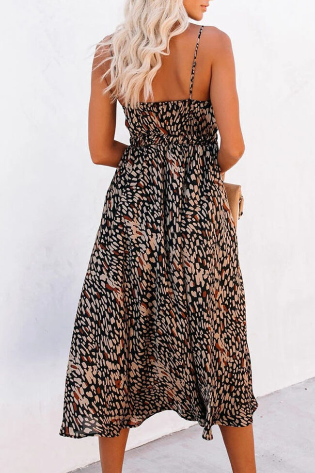 Street Leopard Hollowed Out V Neck A Line Dresses