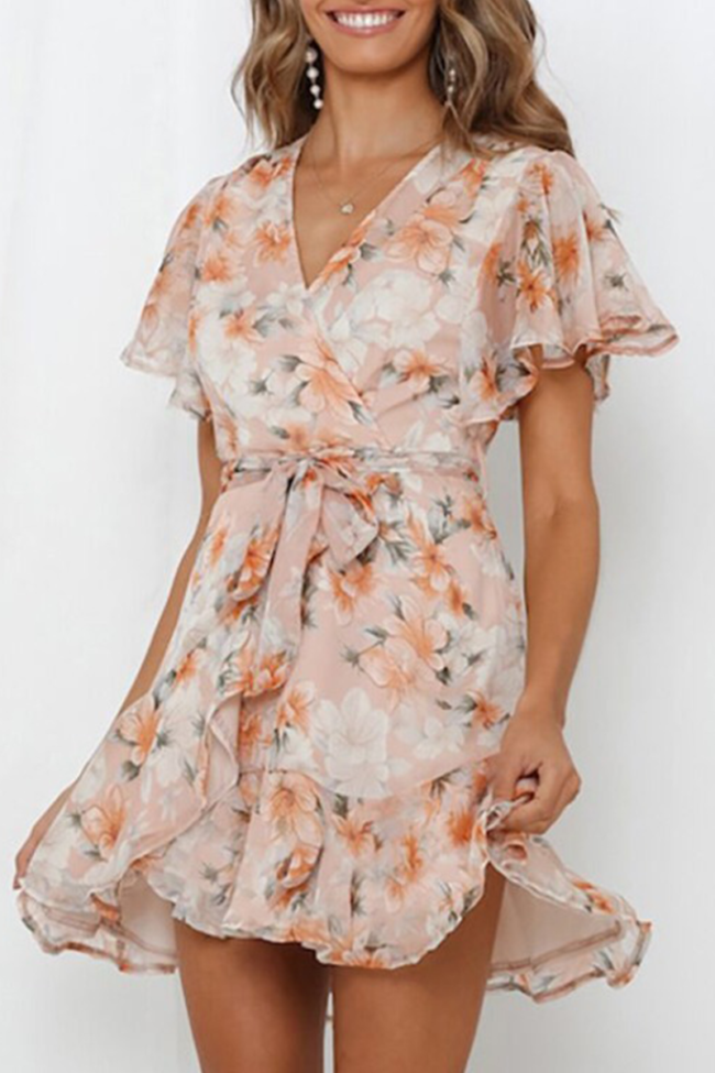 Sweet Floral Split Joint With Belt V Neck A Line Dresses