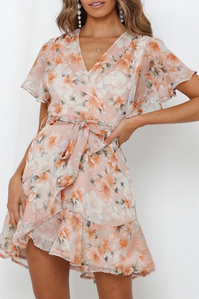 Sweet Floral Split Joint With Belt V Neck A Line Dresses