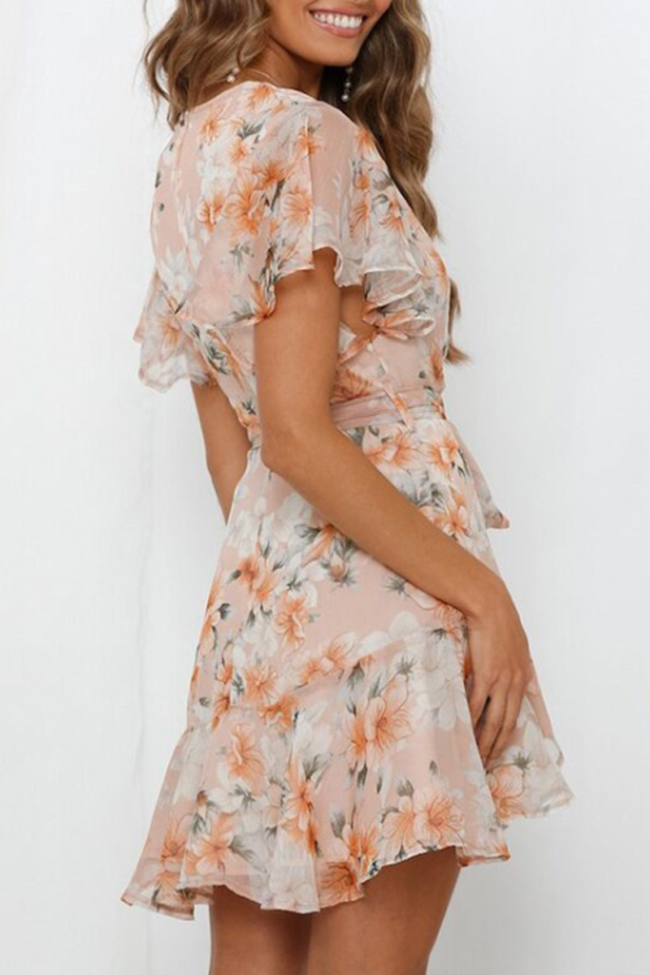 Sweet Floral Split Joint With Belt V Neck A Line Dresses