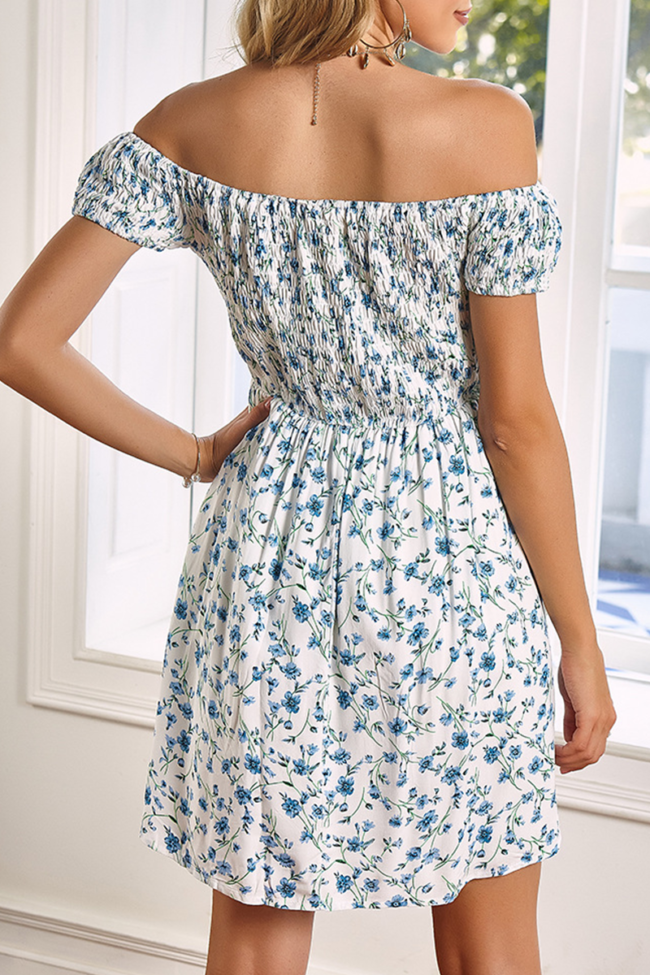 Sweet Floral Split Joint Fold Off the Shoulder A Line Dresses