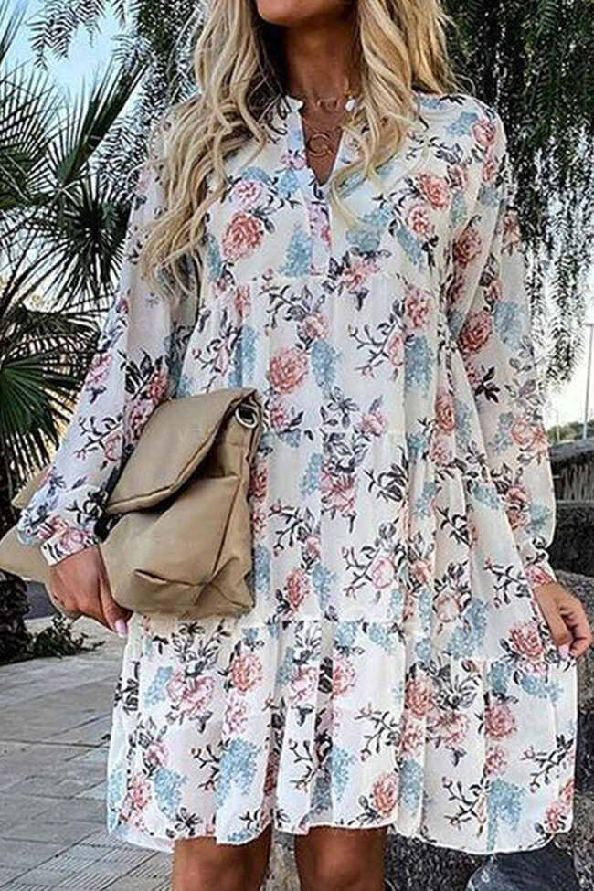 Fashion Street Print Split Joint V Neck A Line Dresses