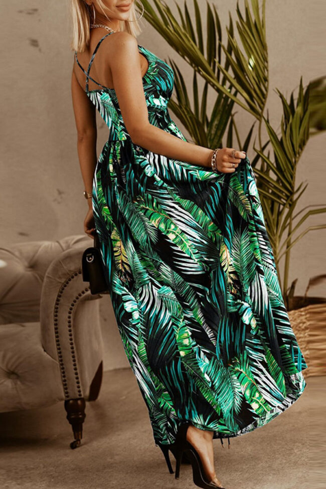 Fashion Street Print Split Joint V Neck A Line Dresses