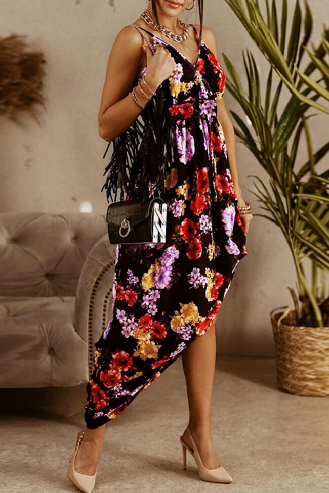 Fashion Street Print Split Joint V Neck A Line Dresses