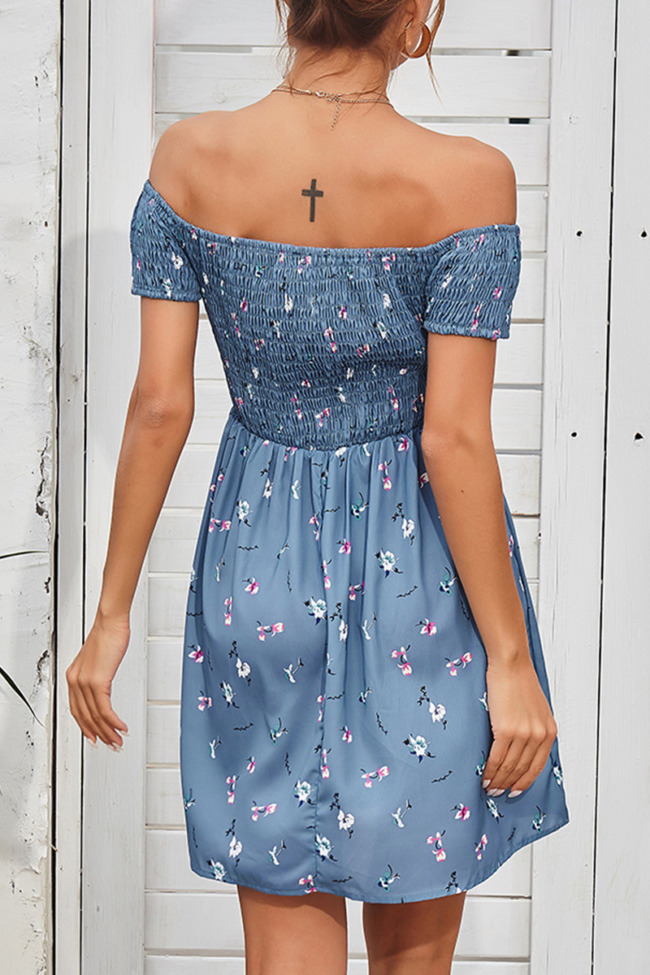 Sweet Floral Split Joint Fold Off the Shoulder A Line Dresses