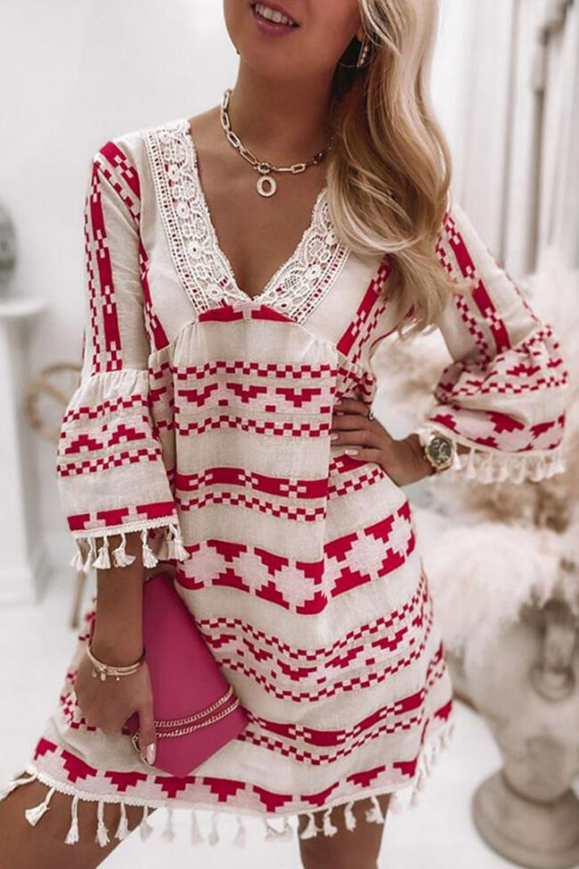 Fashion Sweet Geometric Tassel V Neck A Line Dresses