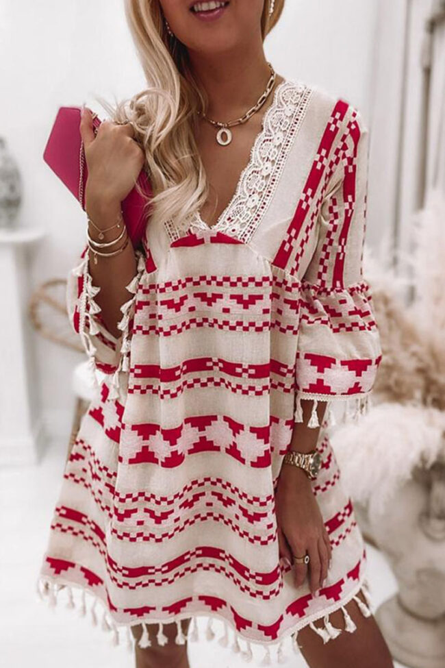 Fashion Sweet Geometric Tassel V Neck A Line Dresses