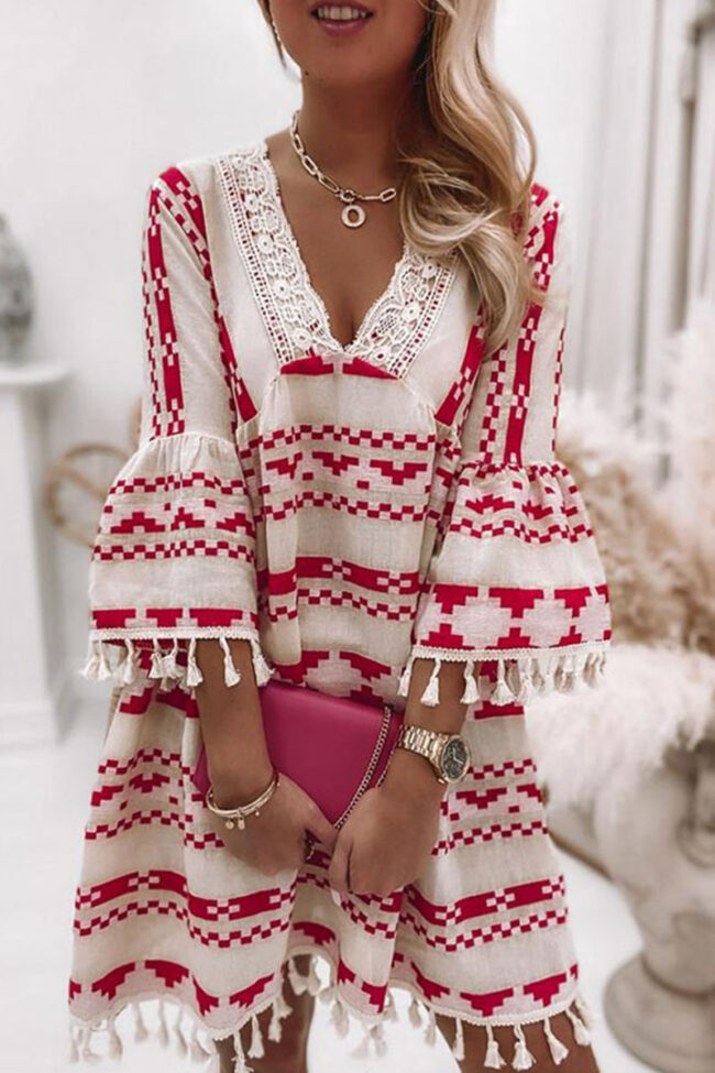 Fashion Sweet Geometric Tassel V Neck A Line Dresses