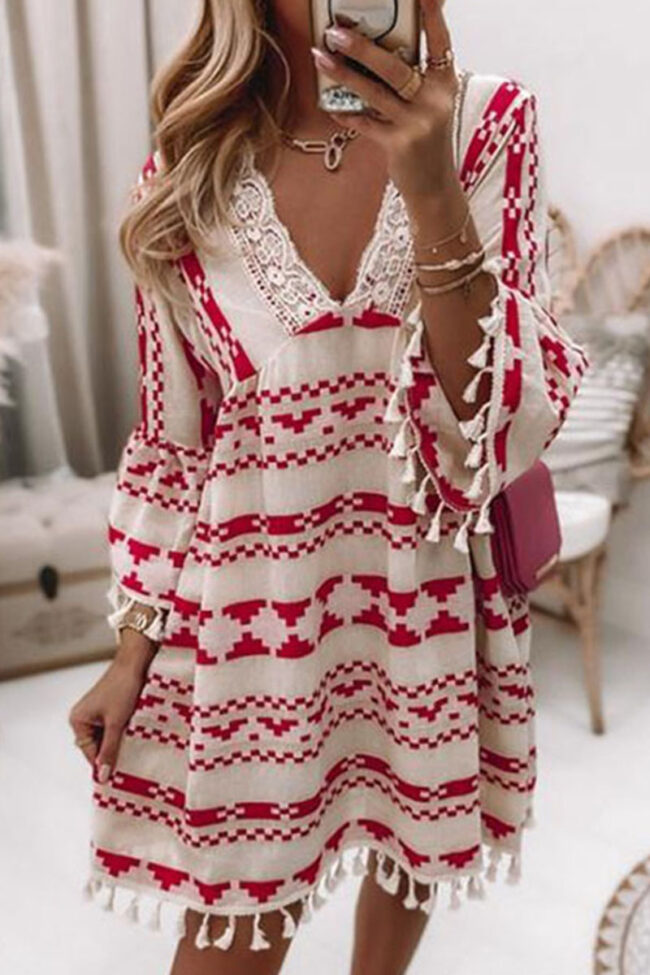 Fashion Sweet Geometric Tassel V Neck A Line Dresses