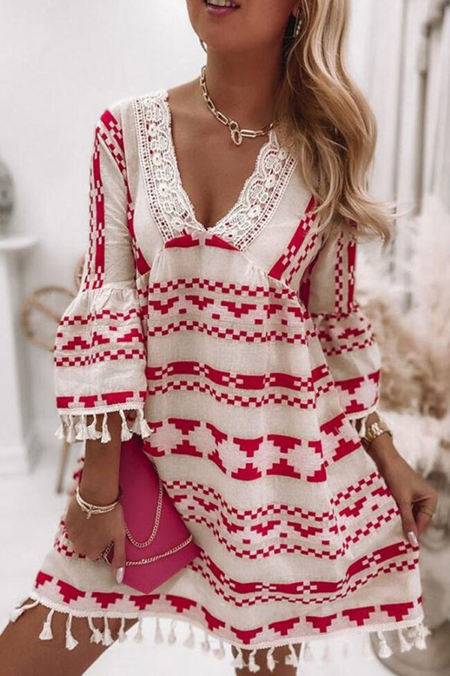 Fashion Sweet Geometric Tassel V Neck A Line Dresses