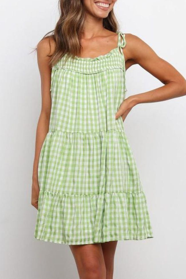 Sweet Plaid Split Joint Flounce Spaghetti Strap A Line Dresses