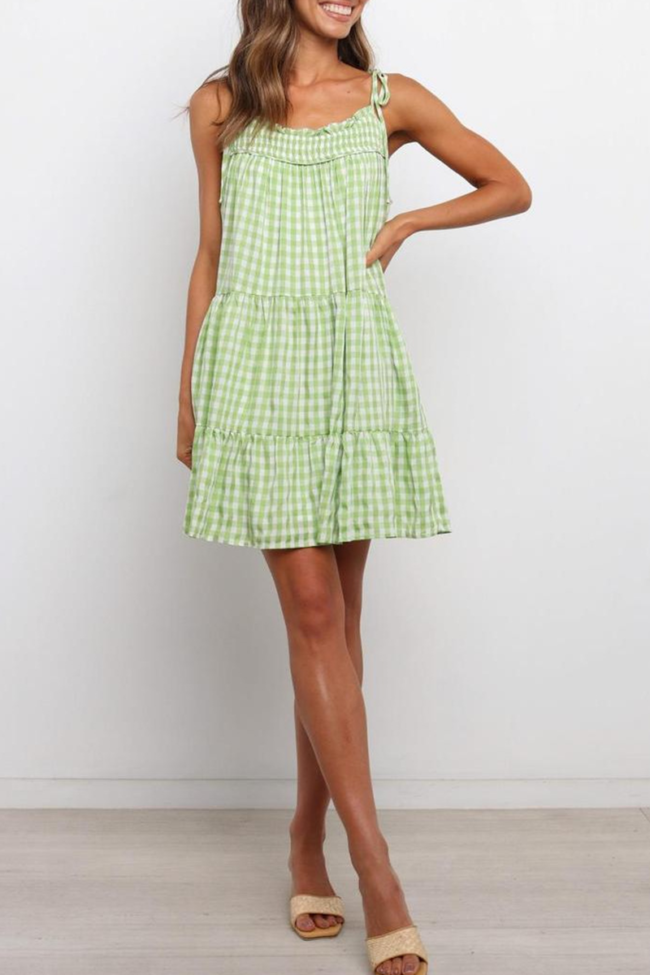 Sweet Plaid Split Joint Flounce Spaghetti Strap A Line Dresses