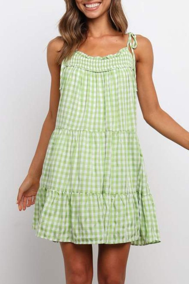 Sweet Plaid Split Joint Flounce Spaghetti Strap A Line Dresses