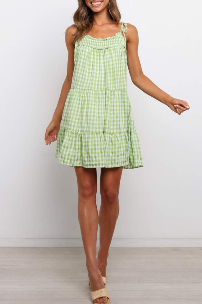 Sweet Plaid Split Joint Flounce Spaghetti Strap A Line Dresses