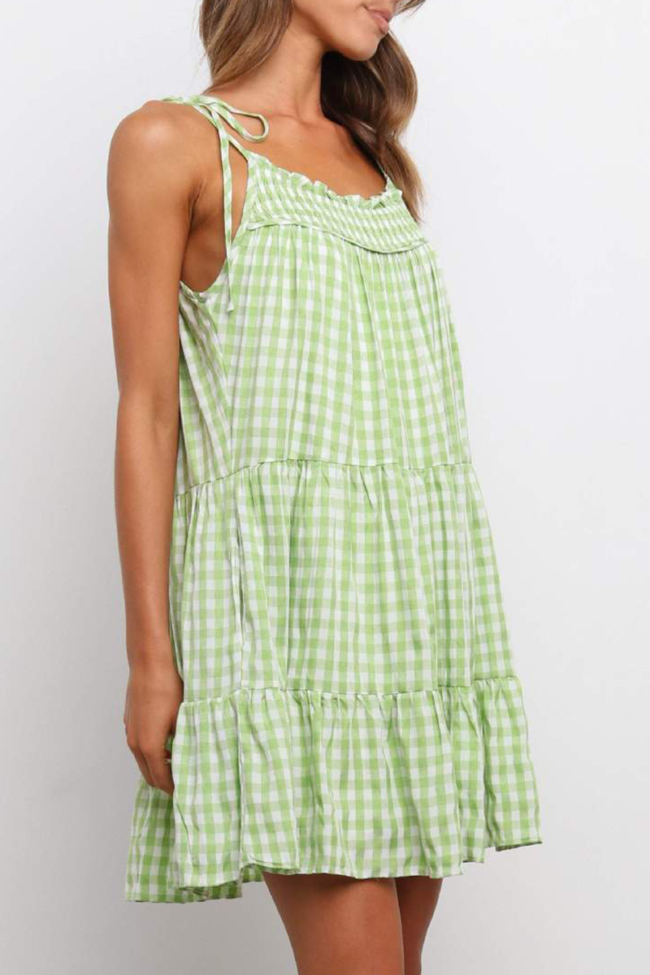 Sweet Plaid Split Joint Flounce Spaghetti Strap A Line Dresses