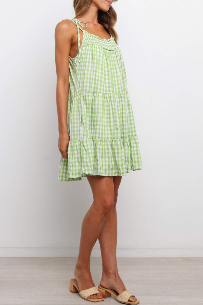 Sweet Plaid Split Joint Flounce Spaghetti Strap A Line Dresses