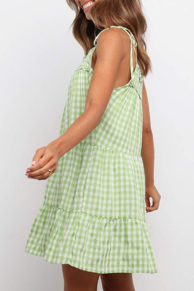 Sweet Plaid Split Joint Flounce Spaghetti Strap A Line Dresses