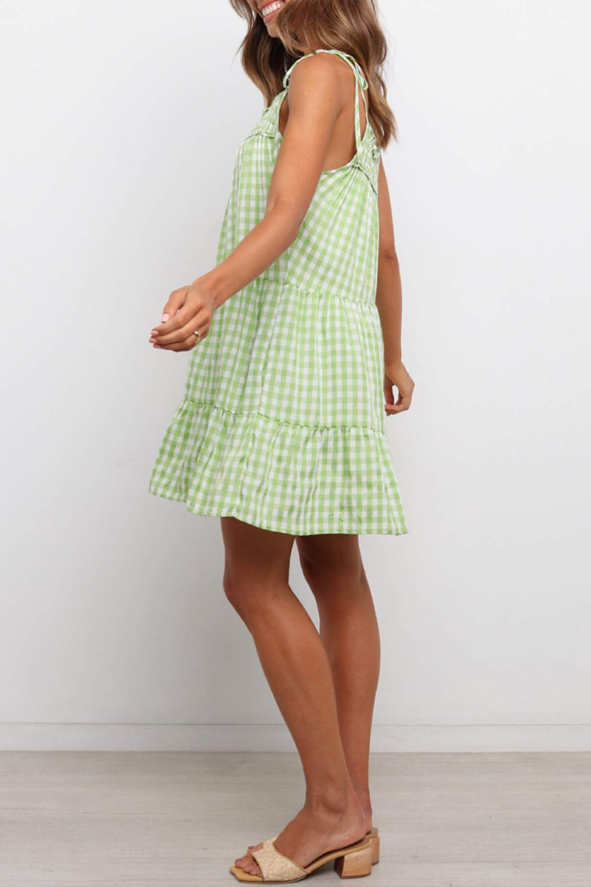 Sweet Plaid Split Joint Flounce Spaghetti Strap A Line Dresses