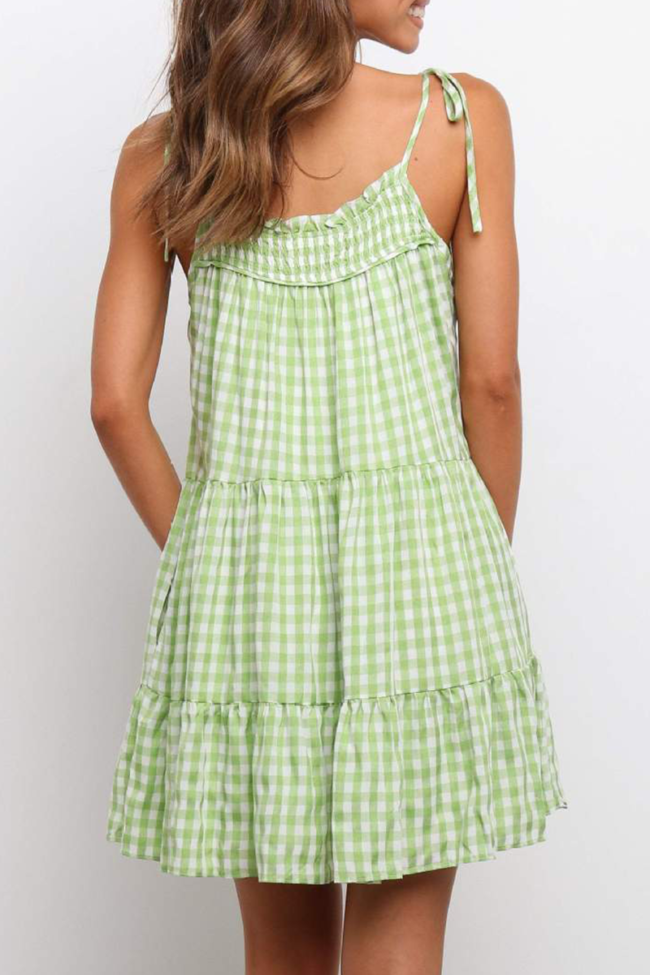 Sweet Plaid Split Joint Flounce Spaghetti Strap A Line Dresses