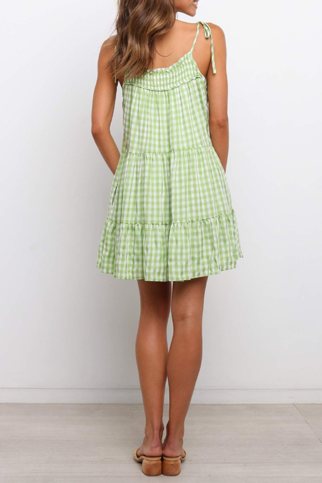 Sweet Plaid Split Joint Flounce Spaghetti Strap A Line Dresses