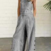 Casual Plaid Buttons Square Collar Straight Jumpsuits