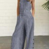 Casual Plaid Buttons Square Collar Straight Jumpsuits