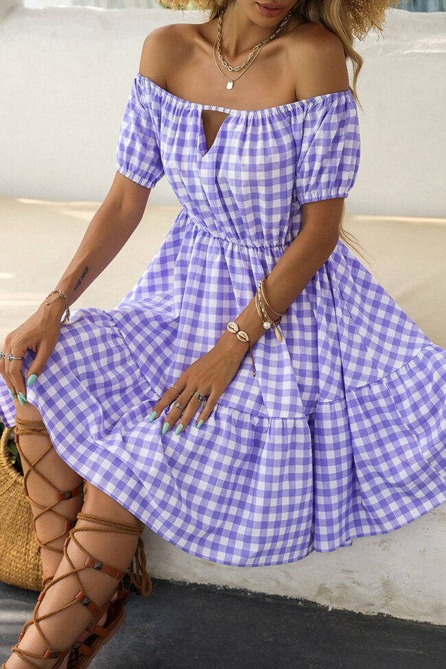 Sweet Plaid Split Joint Off the Shoulder Princess Dresses