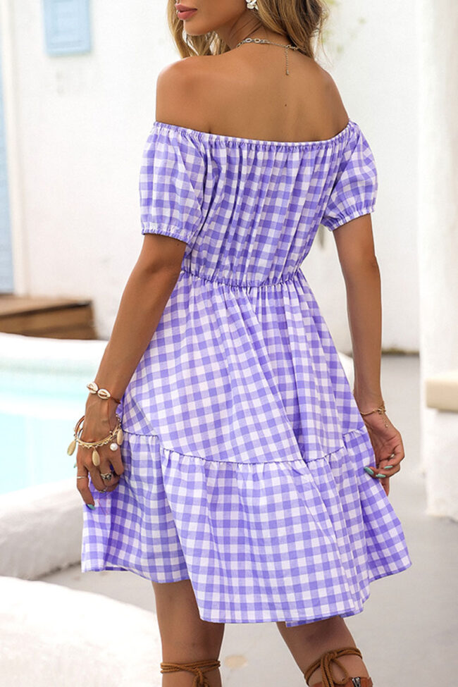 Sweet Plaid Split Joint Off the Shoulder Princess Dresses