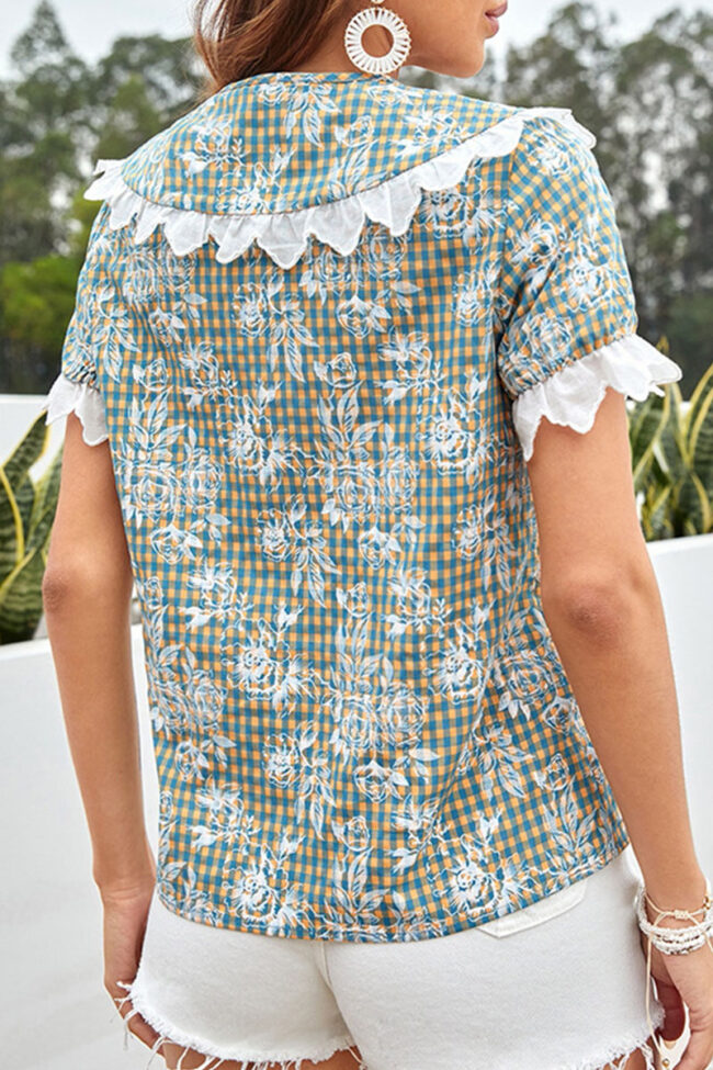 Fashion Sweet Plaid Split Joint Peter Pan Collar Tops