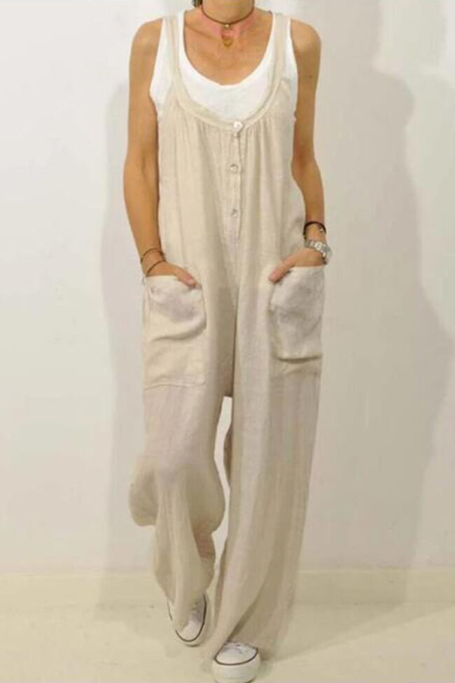 Fashion Casual Solid Pocket Spaghetti Strap Loose Jumpsuits