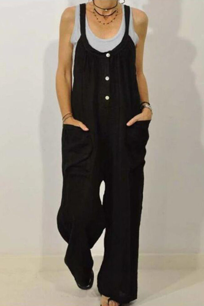 Fashion Casual Solid Pocket Spaghetti Strap Loose Jumpsuits