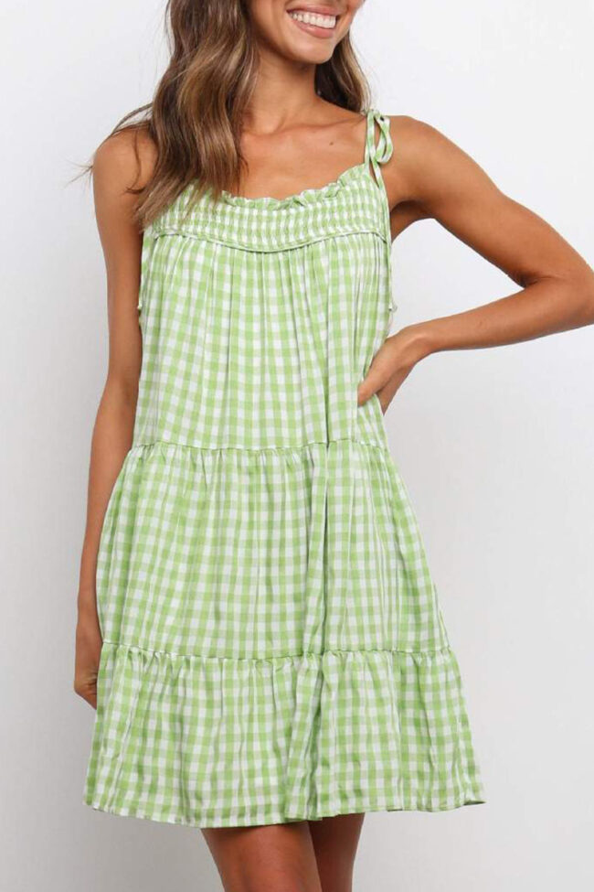 Fashion Sweet Plaid Split Joint Spaghetti Strap Princess Dresses