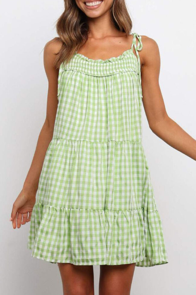 Fashion Sweet Plaid Split Joint Spaghetti Strap Princess Dresses