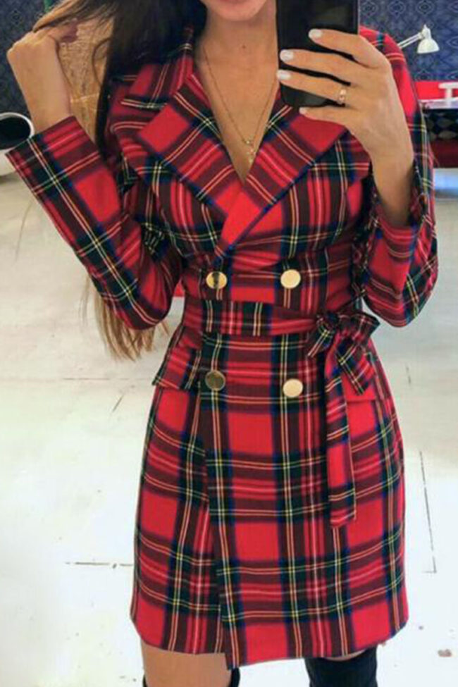 Fashion Sweet Plaid Split Joint Turndown Collar A Line Dresses