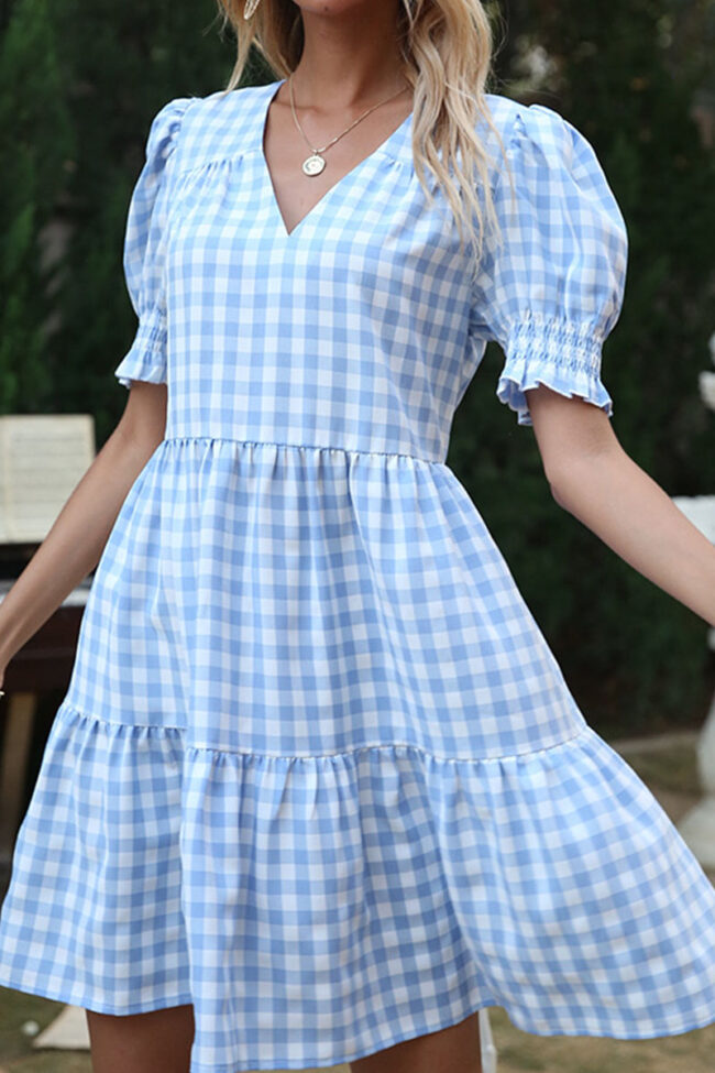 Fashion Sweet Plaid Split Joint V Neck A Line Dresses