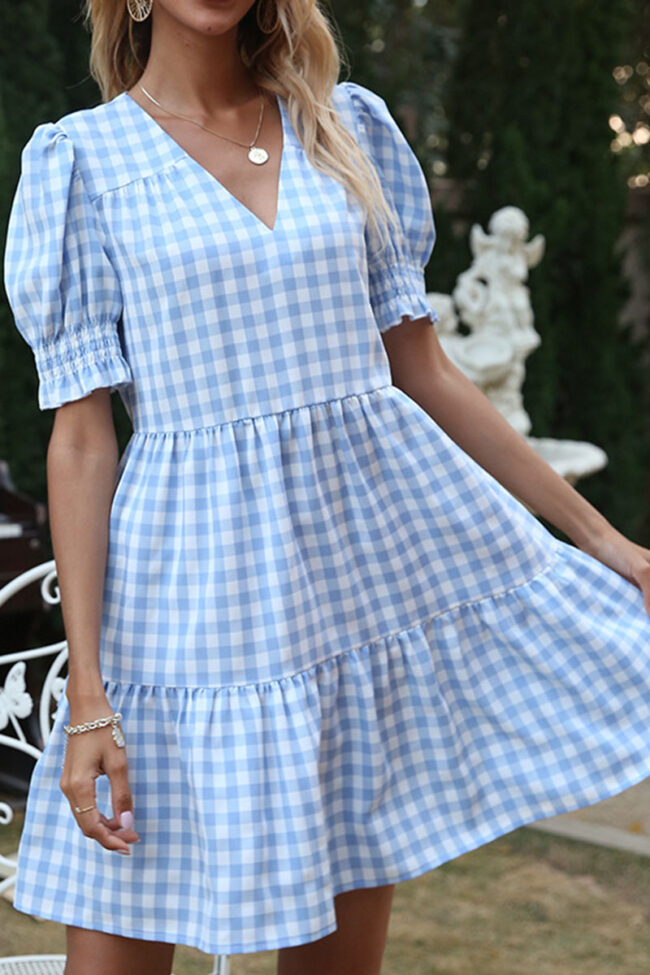 Fashion Sweet Plaid Split Joint V Neck A Line Dresses