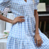 Fashion Sweet Plaid Split Joint V Neck A Line Dresses