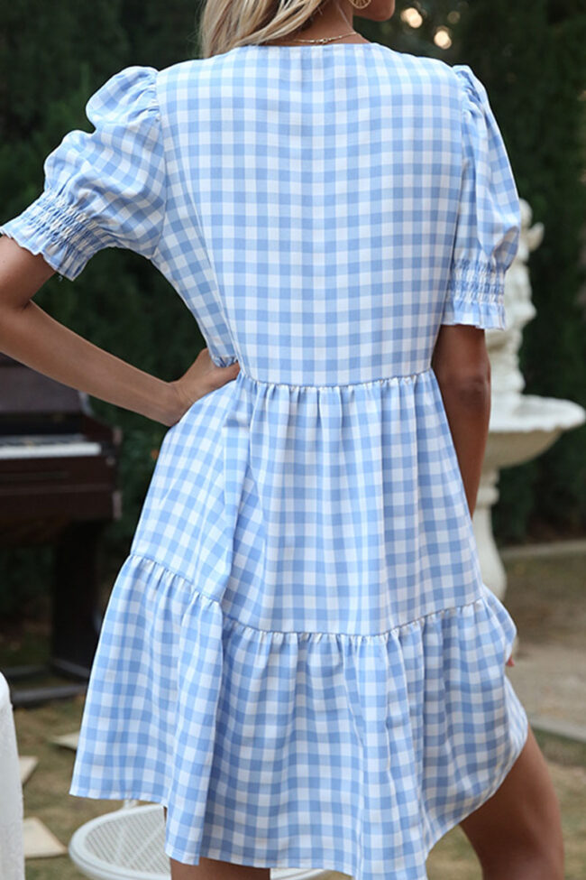 Fashion Sweet Plaid Split Joint V Neck A Line Dresses