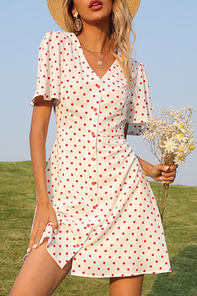 Fashion Sweet Polka Dot Split Joint V Neck A Line Dresses