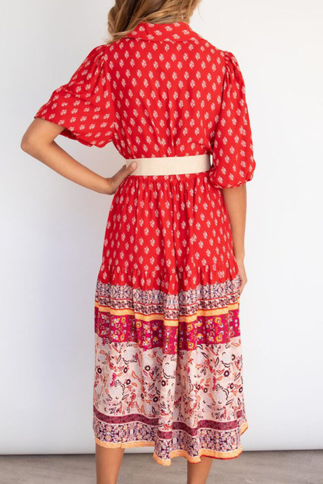 Street Print Split Joint Turndown Collar Lantern Skirt Dresses