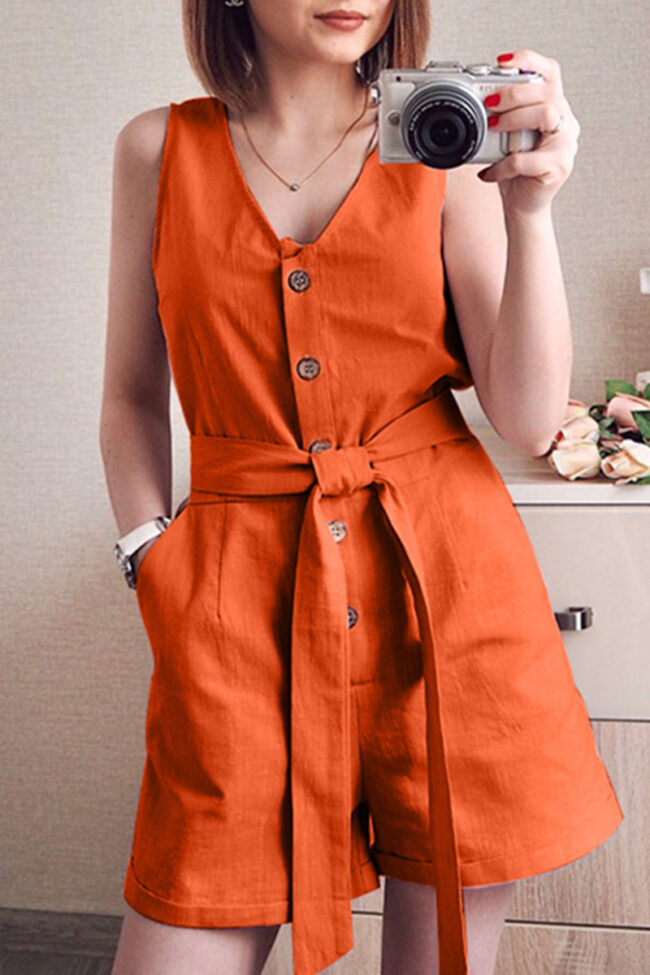 Fashion Street Solid With Belt V Neck Loose Jumpsuits