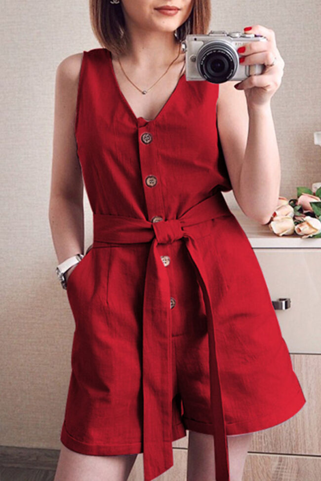 Fashion Street Solid With Belt V Neck Loose Jumpsuits