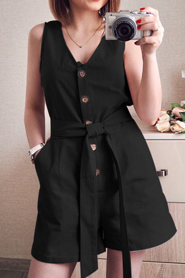 Fashion Casual Solid With Belt V Neck Loose Jumpsuits