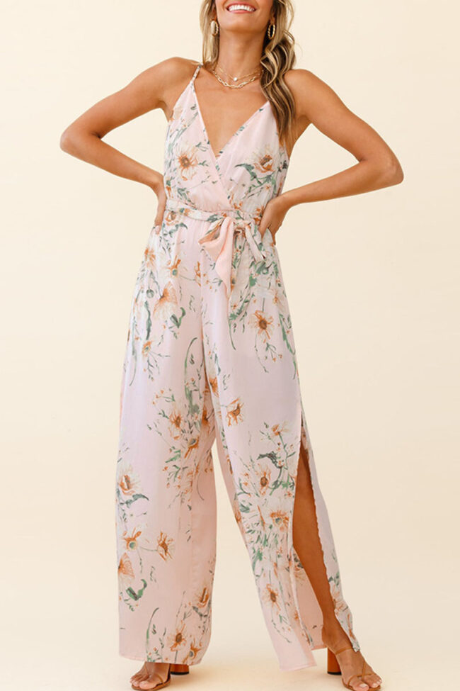 Fashion Street Print Slit V Neck Loose Jumpsuits