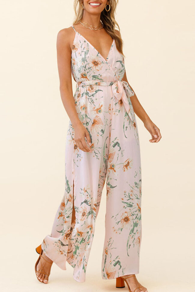 Fashion Street Print Slit V Neck Loose Jumpsuits